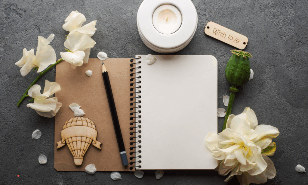 open journal surrounded by flowers and candle during a quiet reflection moment