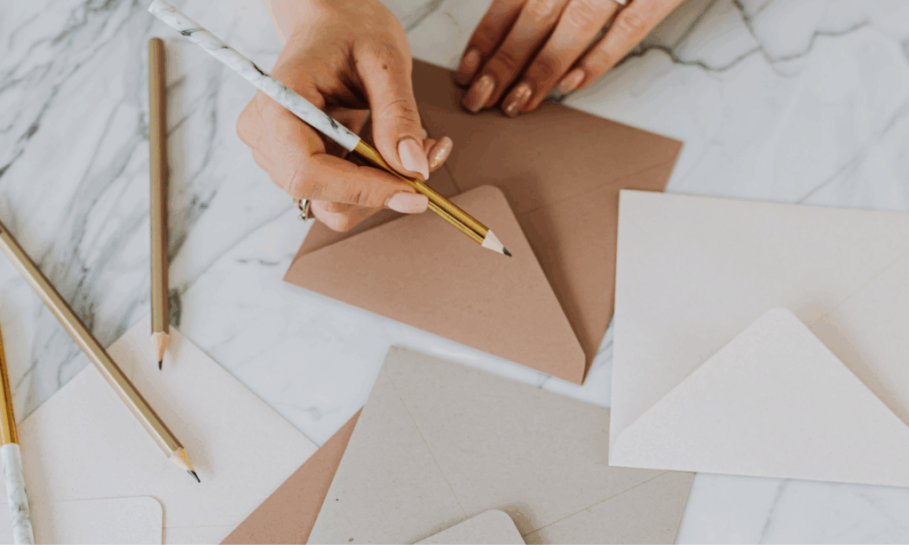 writing a letter on folded paper with pencil on a light surface