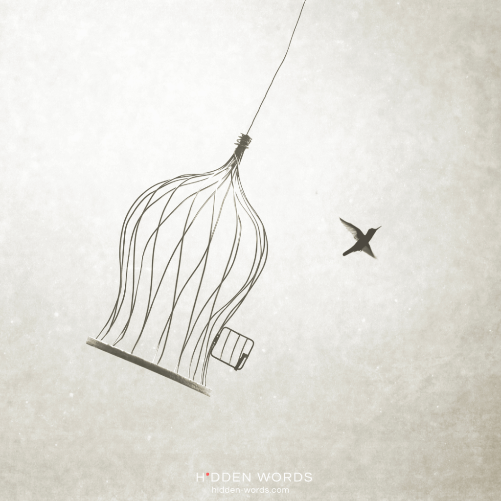 Minimal illustration of an open birdcage with a bird flying free, symbolizing emotional release and inner freedom through writing.