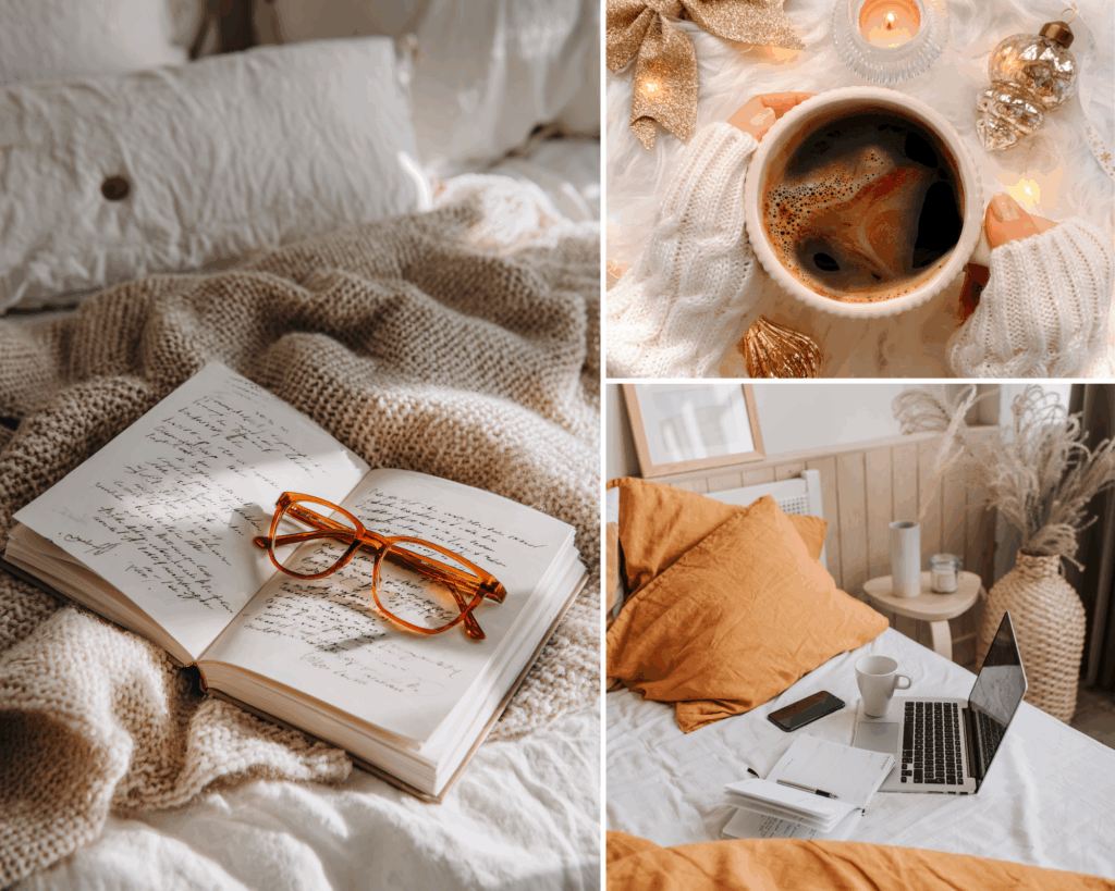 Cozy writing corner with books, coffee and soft textiles