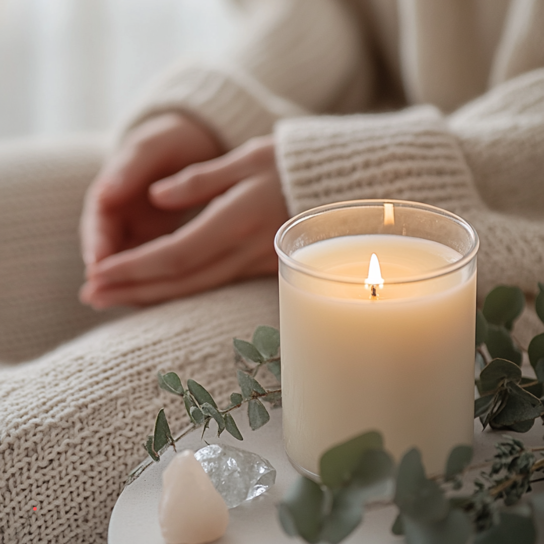 Lit candle and resting hands symbolizing a quiet moment of emotional reflection and self-care.