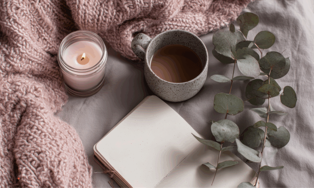 Open journal, coffee cup, and candle on a soft blanket during a quiet weekly reflection writing practice