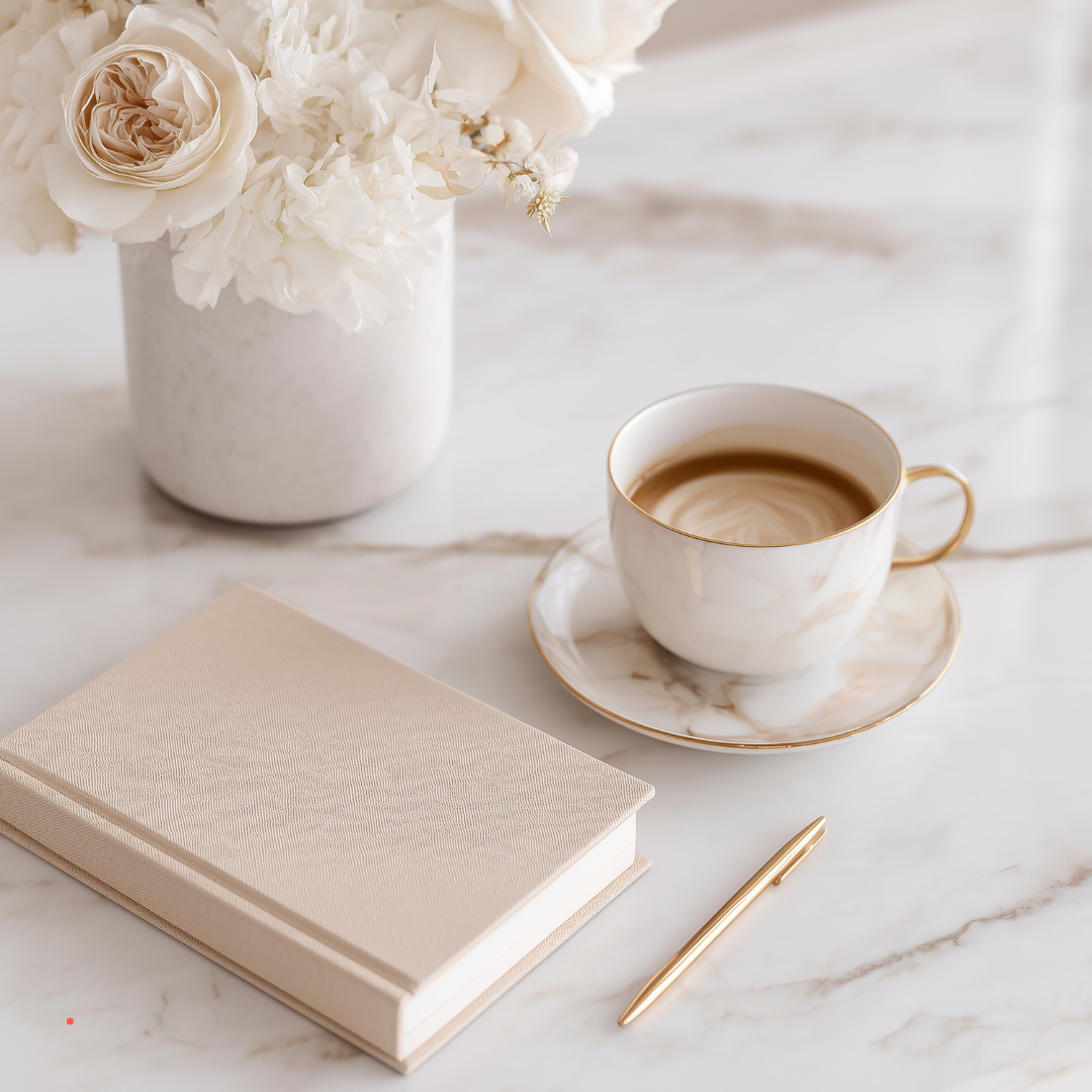 Notebook, pen, and coffee on a marble surface, creating a peaceful journaling atmosphere.