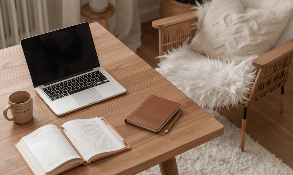Calm home writing space with a notebook, book, and laptop, supporting reflective writing.