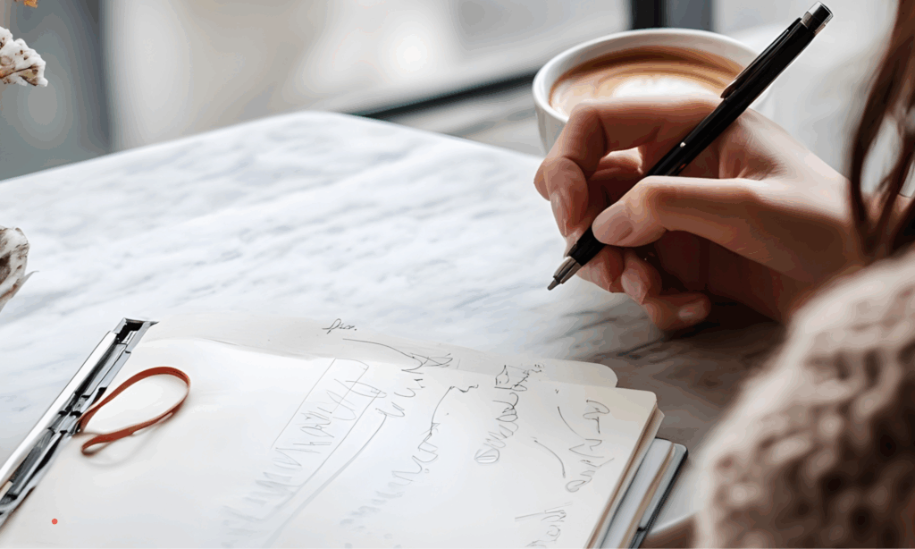 Close-up of journaling during a quiet coffee break – processing silent exhaustion through writing.
