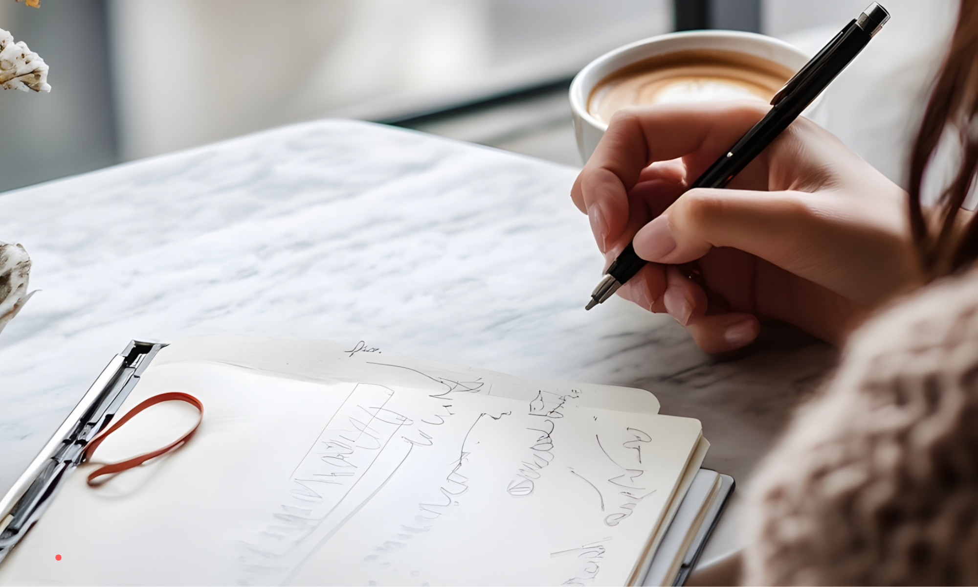 Close-up of journaling during a quiet coffee break – processing silent exhaustion through writing.
