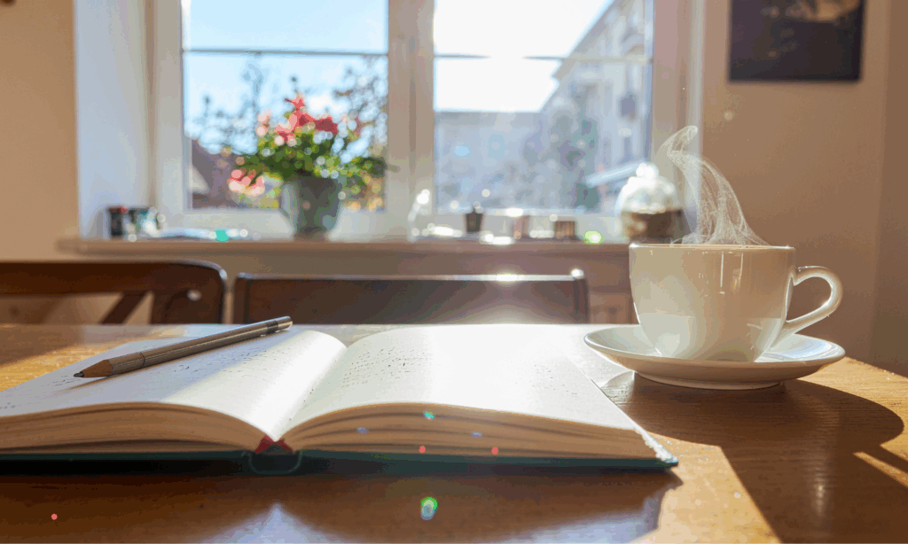 Sunlit desk with open journal and coffee – gentle space for burnout reflection and emotional clarity.