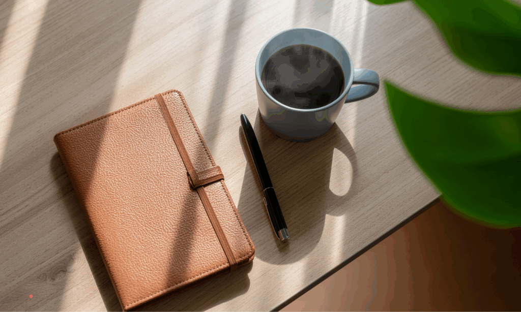 Leather journal, pen and coffee on wooden table – intimate moment for emotional release through therapeutic journaling.