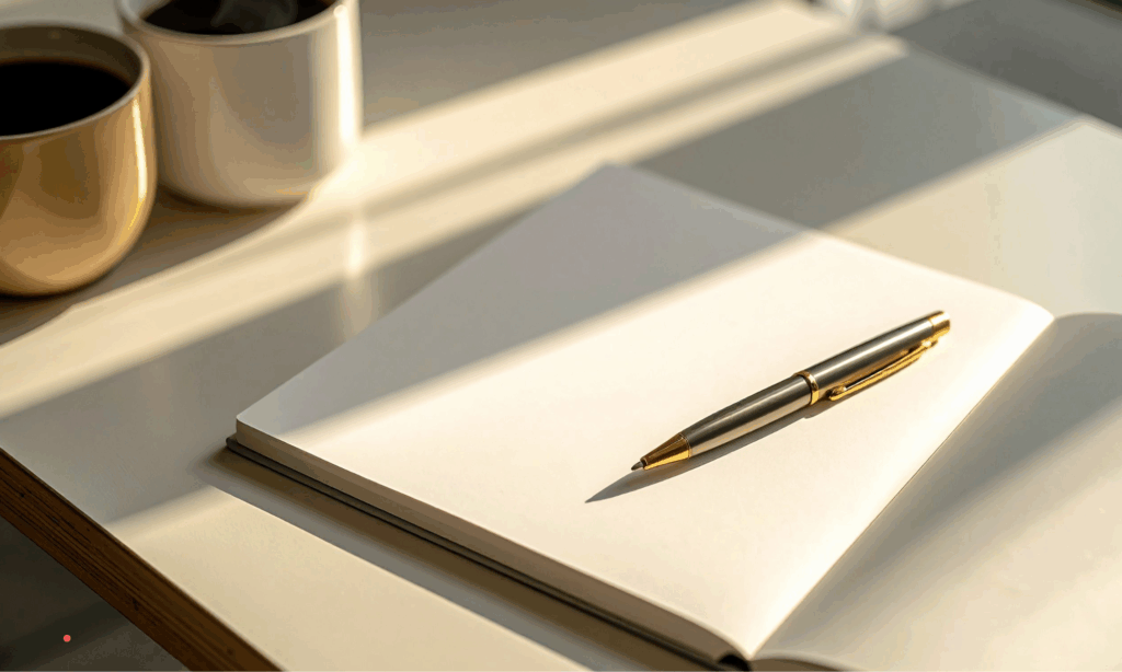 Minimal writing setup with notebook and pen – calm environment for self-reflection during emotional burnout.