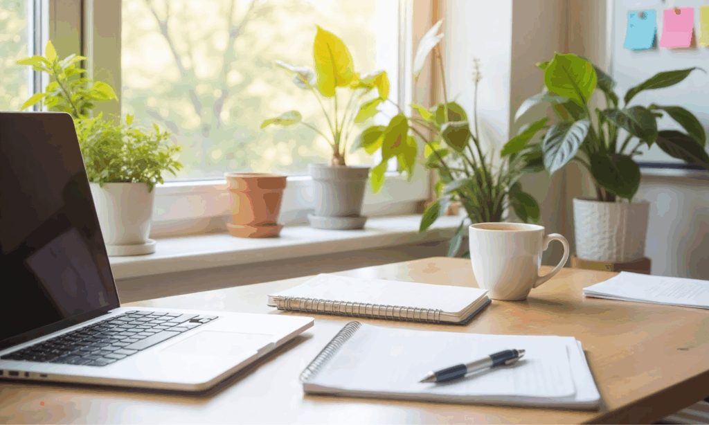 Cozy writing desk by a sunlit window with journal, notebook and plants – reflective space for deep journaling and letting go of unspoken emotions.