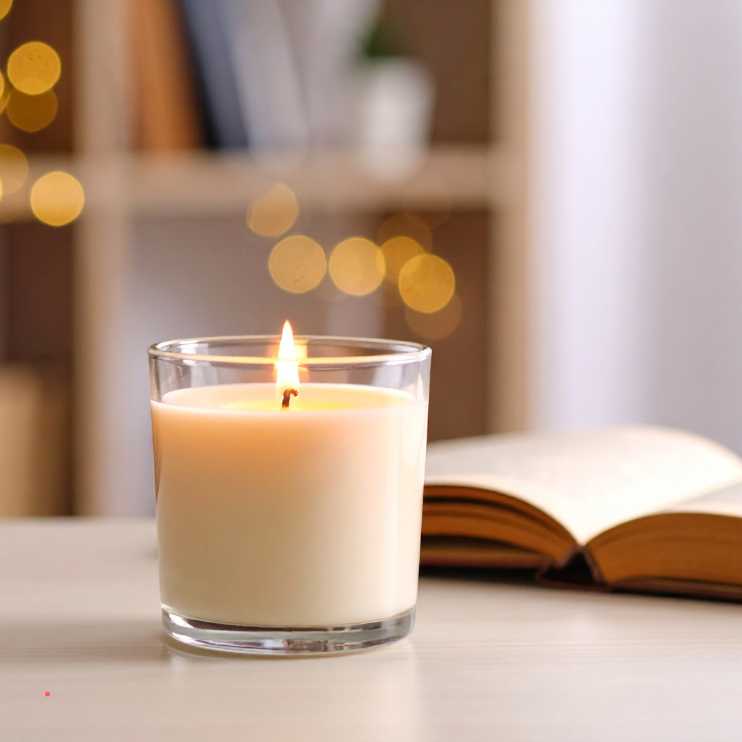 Lit candle beside an open journal creating a calm writing ritual for emotional recovery.