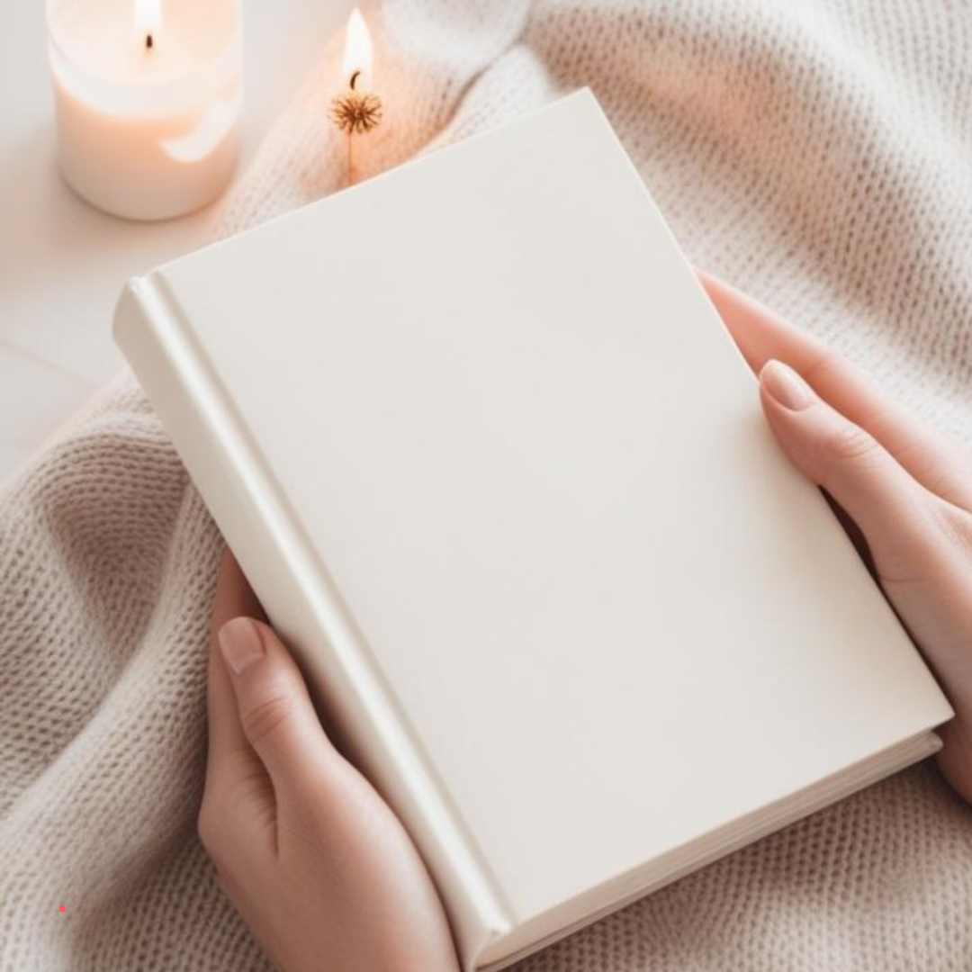 Person holding a blank journal near candlelight – quiet space for processing unspoken emotions through writing.